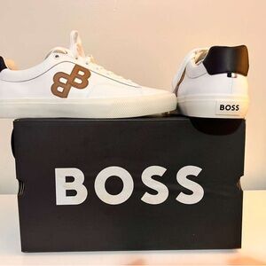BOSS Men's White Sneakers with Brown Details